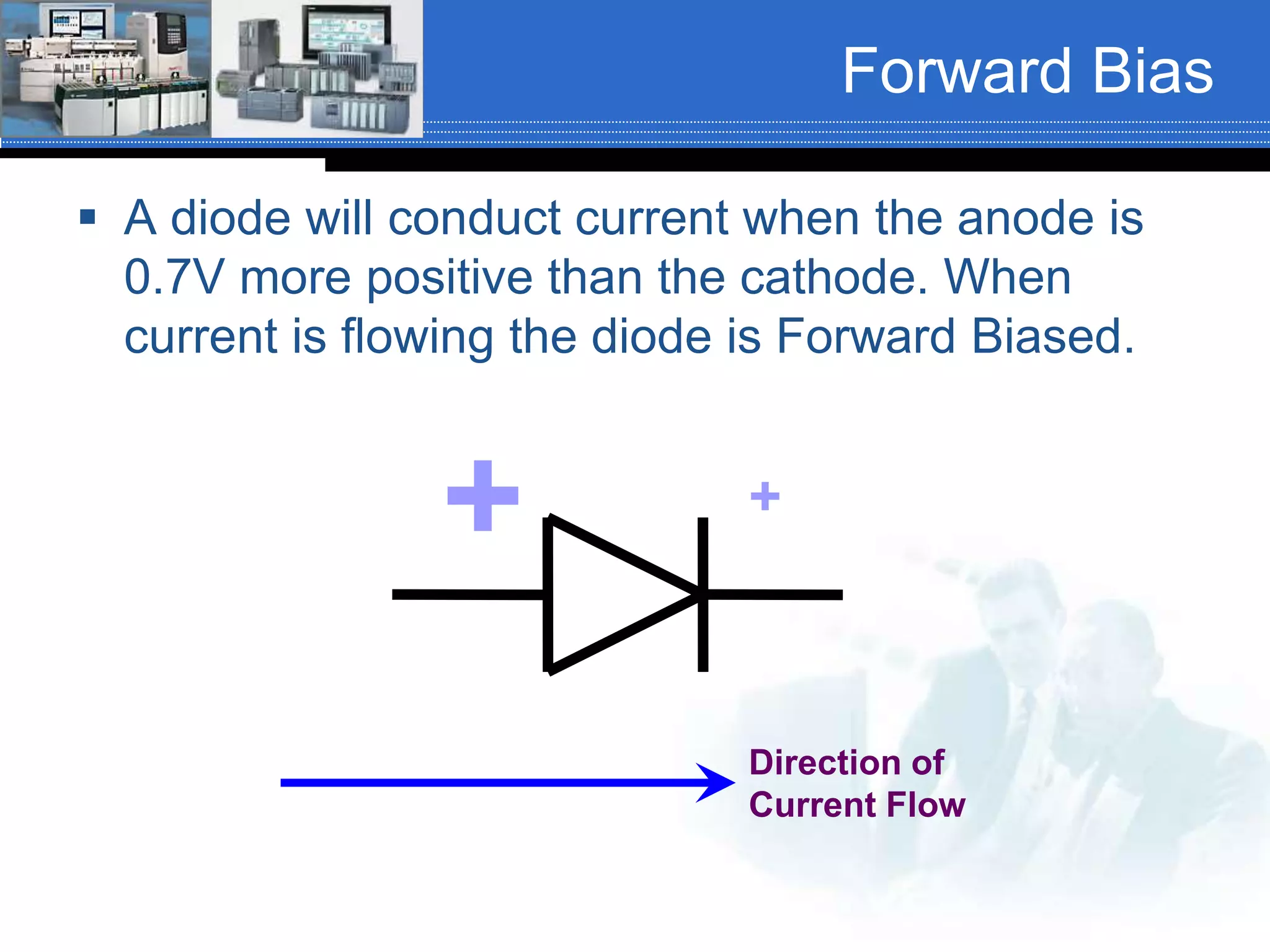Forward Bias
 A diode will conduct current when the anode is
0.7V more positive than the cathode. When
current is flowing the diode is Forward Biased.
+
Direction of
Current Flow
+
 