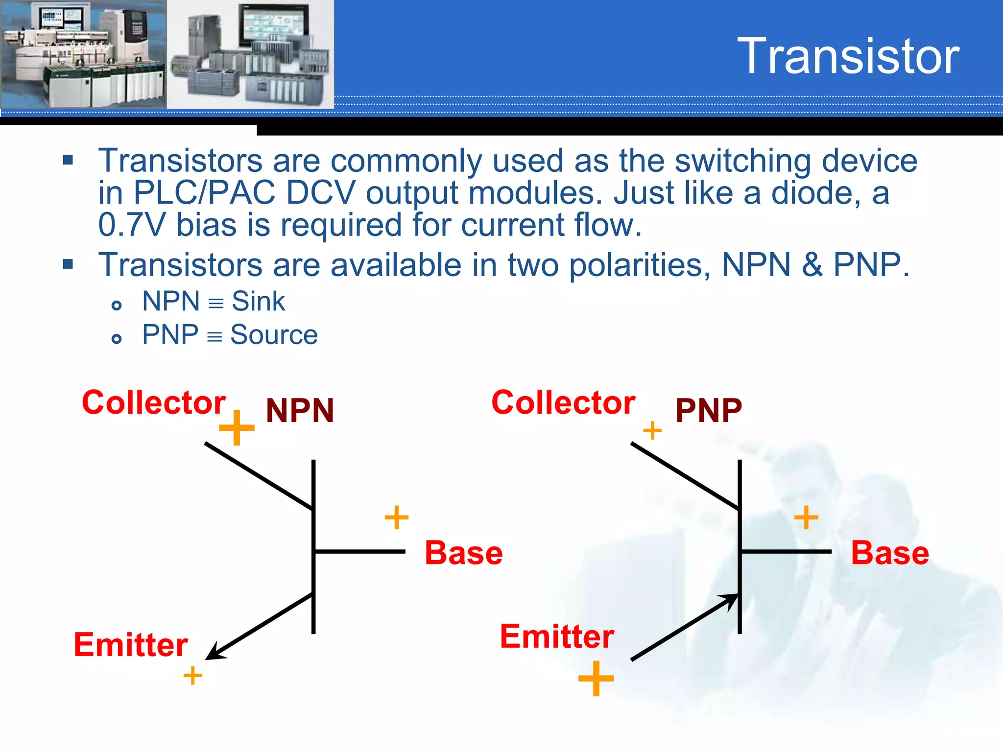 Transistor
 Transistors are commonly used as the switching device
in PLC/PAC DCV output modules. Just like a diode, a
0.7V bias is required for current flow.
 Transistors are available in two polarities, NPN & PNP.
 NPN  Sink
 PNP  Source
NPN PNP
+
+
+
+
+
+
Emitter Emitter
Base Base
Collector Collector
 