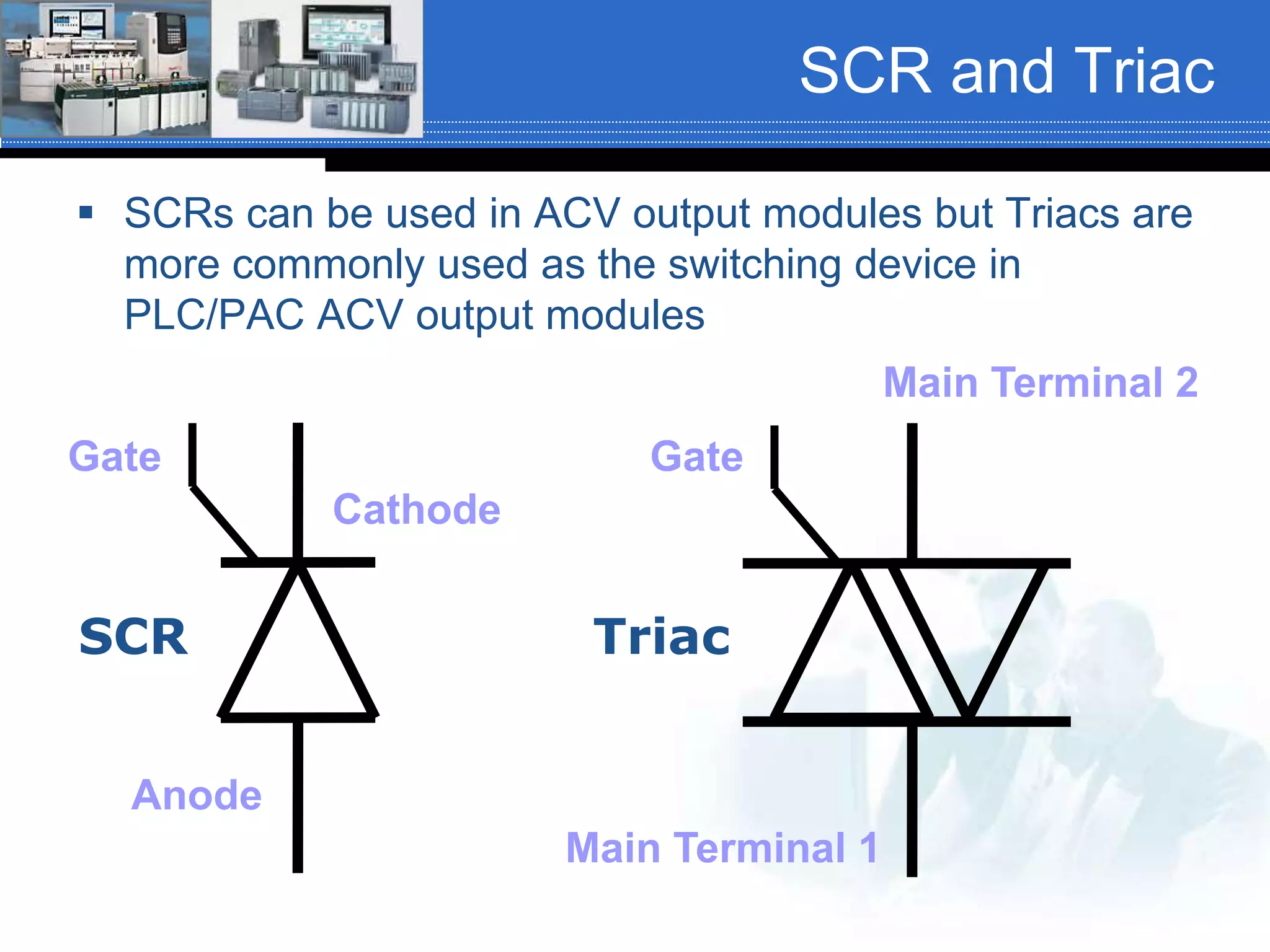 SCR and Triac
 SCRs can be used in ACV output modules but Triacs are
more commonly used as the switching device in
PLC/PAC ACV output modules
Gate
Cathode
Anode
Gate
Main Terminal 1
Main Terminal 2
SCR Triac
 