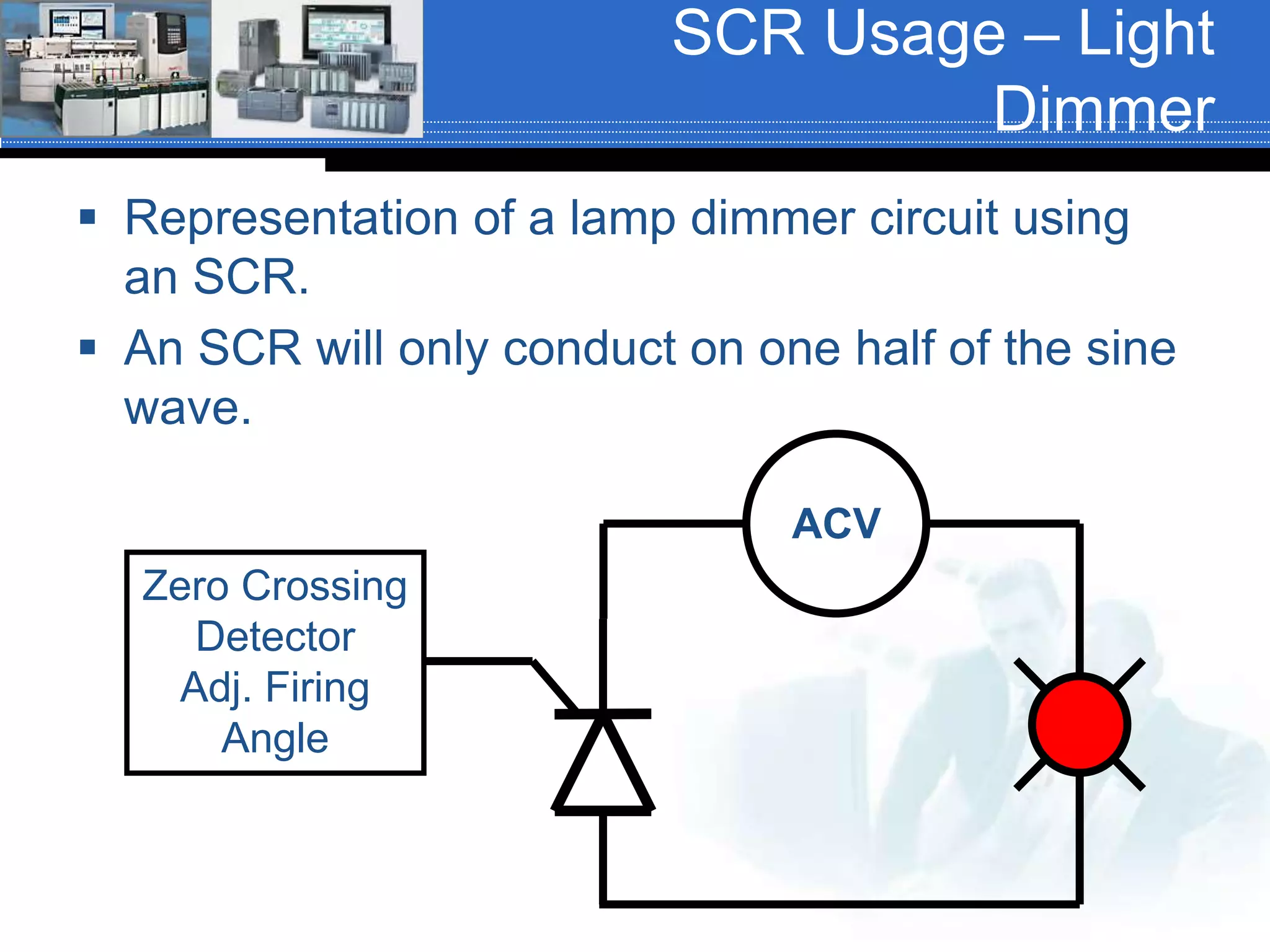 SCR Usage – Light
Dimmer
 Representation of a lamp dimmer circuit using
an SCR.
 An SCR will only conduct on one half of the sine
wave.
ACV
Zero Crossing
Detector
Adj. Firing
Angle
 