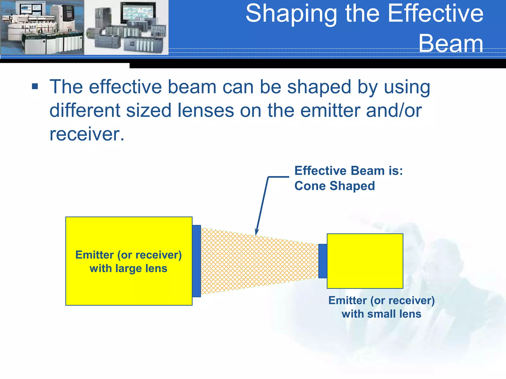 Shaping the Effective
Beam
 The effective beam can be shaped by using
different sized lenses on the emitter and/or
receiver.
Effective Beam is:
Cone Shaped
Emitter (or receiver)
with large lens
Emitter (or receiver)
with small lens
 