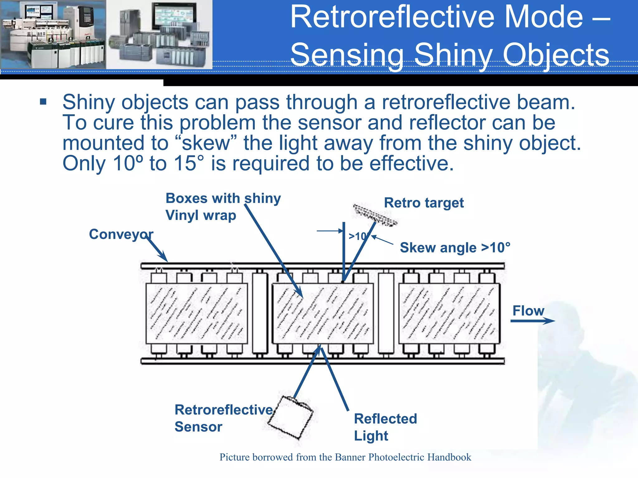 Retroreflective Mode –
Sensing Shiny Objects
 Shiny objects can pass through a retroreflective beam.
To cure this problem the sensor and reflector can be
mounted to “skew” the light away from the shiny object.
Only 10º to 15° is required to be effective.
Boxes with shiny
Vinyl wrap
Conveyor
Retro target
Skew angle >10°
Reflected
Light
Retroreflective
Sensor
>10°
Flow
Picture borrowed from the Banner Photoelectric Handbook
 