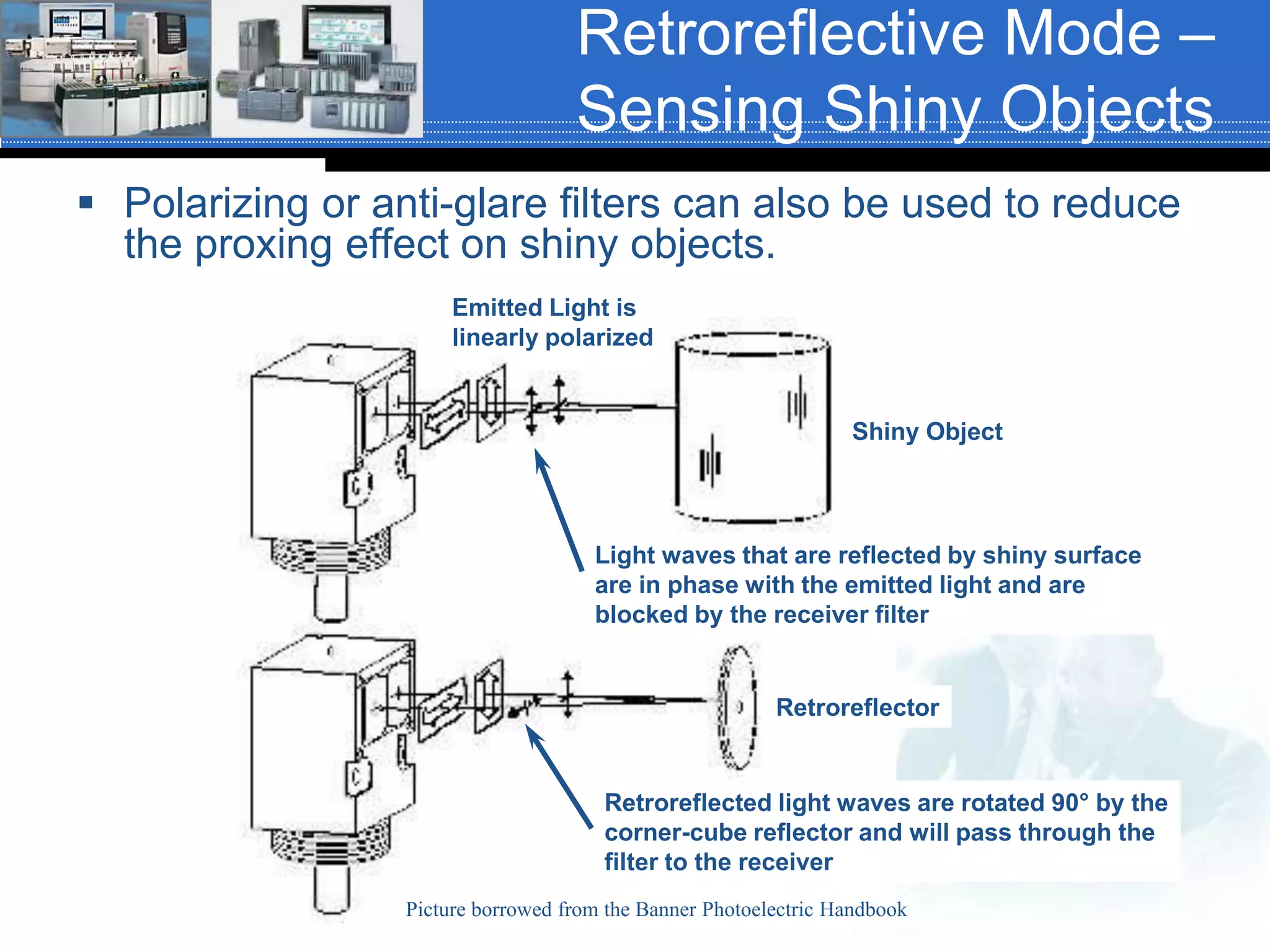 Retroreflective Mode –
Sensing Shiny Objects
 Polarizing or anti-glare filters can also be used to reduce
the proxing effect on shiny objects.
Emitted Light is
linearly polarized
Shiny Object
Retroreflector
Light waves that are reflected by shiny surface
are in phase with the emitted light and are
blocked by the receiver filter
Retroreflected light waves are rotated 90° by the
corner-cube reflector and will pass through the
filter to the receiver
Picture borrowed from the Banner Photoelectric Handbook
 