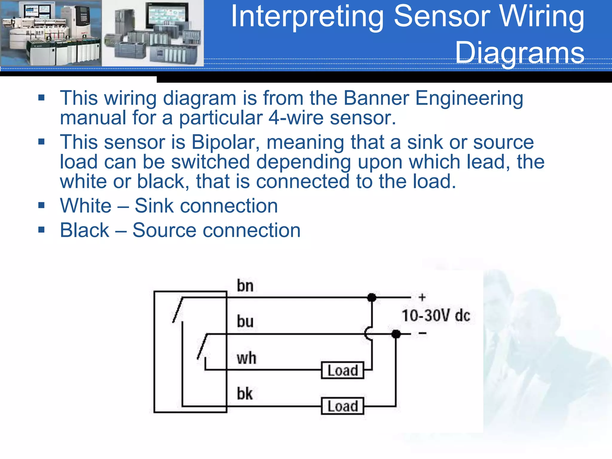 Interpreting Sensor Wiring
Diagrams
 This wiring diagram is from the Banner Engineering
manual for a particular 4-wire sensor.
 This sensor is Bipolar, meaning that a sink or source
load can be switched depending upon which lead, the
white or black, that is connected to the load.
 White – Sink connection
 Black – Source connection
 