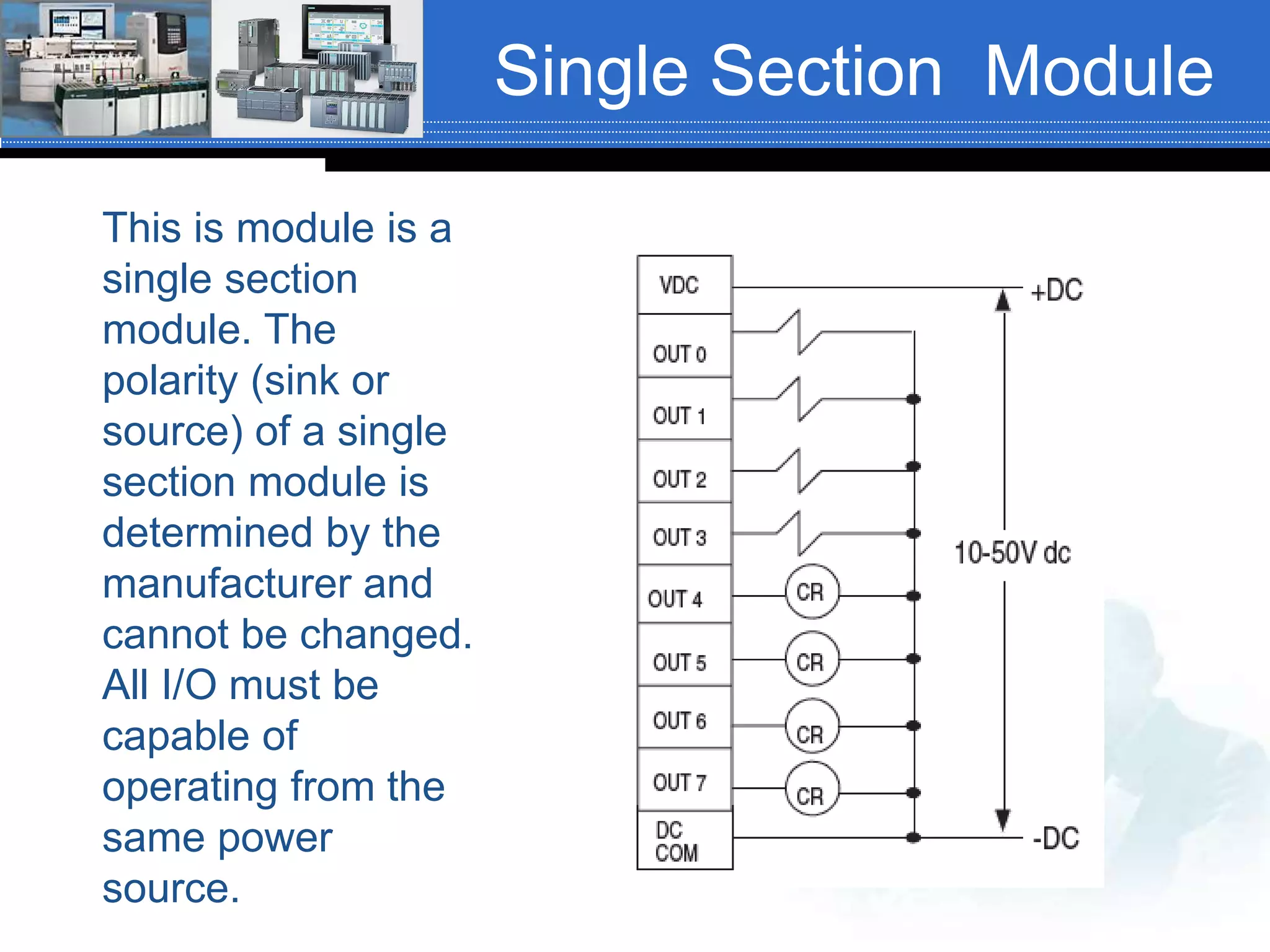 Single Section Module
This is module is a
single section
module. The
polarity (sink or
source) of a single
section module is
determined by the
manufacturer and
cannot be changed.
All I/O must be
capable of
operating from the
same power
source.
 