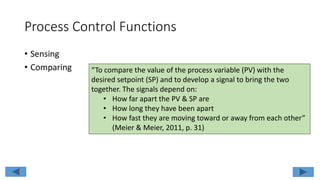 Process Control Functions
• Sensing
• Comparing “To compare the value of the process variable (PV) with the
desired setpoint (SP) and to develop a signal to bring the two
together. The signals depend on:
• How far apart the PV & SP are
• How long they have been apart
• How fast they are moving toward or away from each other”
(Meier & Meier, 2011, p. 31)
 
