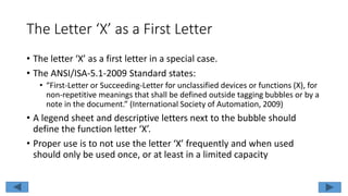 The Letter ‘X’ as a First Letter
• The letter ‘X’ as a first letter in a special case.
• The ANSI/ISA-5.1-2009 Standard states:
• “First-Letter or Succeeding-Letter for unclassified devices or functions (X), for
non-repetitive meanings that shall be defined outside tagging bubbles or by a
note in the document.” (International Society of Automation, 2009)
• A legend sheet and descriptive letters next to the bubble should
define the function letter ‘X’.
• Proper use is to not use the letter ‘X’ frequently and when used
should only be used once, or at least in a limited capacity
 