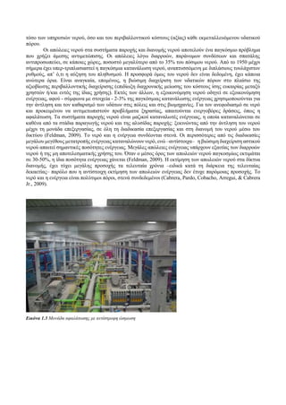 τόσο των υπηρεσιών νερού, όσο και του περιβαλλοντικού κόστους (αξίας) κάθε εκμεταλλευόμενου υδατικού
πόρου.
Οι απώλειες νερού στα συστήματα παροχής και διανομής νερού αποτελούν ένα παγκόσμιο πρόβλημα
που χρήζει άμεσης αντιμετώπισης. Οι απώλειες λόγω διαρροών, παράνομων συνδέσεων και σπατάλης
αντιπροσωπεύει, σε κάποιες χώρες, ποσοστό μεγαλύτερο από το 35% του πόσιμου νερού. Από το 1950 μέχρι
σήμερα έχει υπερ-τριπλασιαστεί η παγκόσμια κατανάλωση νερού, αναπτυσσόμενη με διπλάσιους τουλάχιστον
ρυθμούς, απ’ ό,τι η αύξηση του πληθυσμού. Η προσφορά όμως του νερού δεν είναι δεδομένη, έχει κάποια
ανώτερα όρια. Είναι αναγκαία, επομένως, η βιώσιμη διαχείριση των υδατικών πόρων στο πλαίσιο της
αξιοβίωτης περιβαλλοντικής διαχείρισης (επιδίωξη διαχρονικής μείωσης του κόστους ίσης ευκαιρίας μεταξύ
χρηστών ή/και εντός της ίδιας χρήσης). Εκτός των άλλων, η εξοικονόμηση νερού οδηγεί σε εξοικονόμηση
ενέργειας, αφού - σύμφωνα με στοιχεία - 2-3% της παγκόσμιας κατανάλωσης ενέργειας χρησιμοποιούνται για
την άντληση και τον καθαρισμό των υδάτων στις πόλεις και στις βιομηχανίες. Για τον ανεφοδιασμό σε νερό
και προκειμένου να αντιμετωπιστούν προβλήματα ξηρασίας, απαιτούνται ενεργοβόρες δράσεις, όπως η
αφαλάτωση. Τα συστήματα παροχής νερού είναι μαζικοί καταναλωτές ενέργειας, η οποία καταναλώνεται σε
καθένα από τα στάδια παραγωγής νερού και της αλυσίδας παροχής: ξεκινώντας από την άντληση του νερού
μέχρι τη μονάδα επεξεργασίας, σε όλη τη διαδικασία επεξεργασίας και στη διανομή του νερού μέσω του
δικτύου (Feldman, 2009). Το νερό και η ενέργεια συνδέονται στενά. Οι περισσότερες από τις διαδικασίες
μεγάλου μεγέθους μετατροπής ενέργειας καταναλώνουν νερό, ενώ –αντίστοιχα– η βιώσιμη διαχείριση αστικού
νερού απαιτεί σημαντικές ποσότητες ενέργειας. Μεγάλες απώλειες ενέργειας υπάρχουν εξαιτίας των διαρροών
νερού ή της μη αποτελεσματικής χρήσης του. Όταν ο μέσος όρος των απωλειών νερού παγκοσμίως εκτιμάται
σε 30-50%, η ίδια ποσότητα ενέργειας χάνεται (Feldman, 2009). Η εκτίμηση των απωλειών νερού στα δίκτυα
διανομής, έχει τύχει μεγάλης προσοχής τα τελευταία χρόνια –ειδικά κατά τη διάρκεια της τελευταίας
δεκαετίας– παρόλο που η αντίστοιχη εκτίμηση των απωλειών ενέργειας δεν έτυχε παρόμοιας προσοχής. Το
νερό και η ενέργεια είναι πολύτιμοι πόροι, στενά συνδεδεμένοι (Cabrera, Pardo, Cobacho, Arregui, & Cabrera
Jr., 2009).
Εικόνα 1.3 Μονάδα αφαλάτωσης με αντίστροφη ώσμωση
 