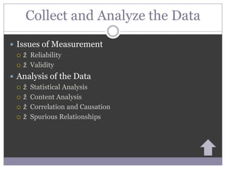 Collect and Analyze the Data
 Issues of Measurement
   ž Reliability

   ž Validity

 Analysis of the Data
   ž Statistical Analysis

   ž Content Analysis

   ž Correlation and Causation

   ž Spurious Relationships
 