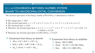 22
2.1.1.6 CONVERSION BETWEEN NUMBER SYSTEMS
BINARY TO HEX/DECIMAL/OCTAL CONVERSION
 Conversion from binary to decimal
 1012= 1×22
+ 0×21
+ 1×20
= 510
 63.48 = 6×81
+ 3×80
+ 4×8–1
= 51.510
 A116= 10×161
+ 1×160
= 16110
 Conversion from binary to octal/hex
 Binary: 10011110001
 Octal: 10 | 011 | 110 | 001=23618
 Hex: 100 | 1111 | 0001=4F116
 
