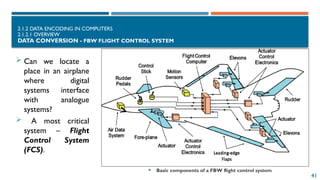 41
2.1.2 DATA ENCODING IN COMPUTERS
2.1.2.1 OVERVIEW
DATA CONVERSION - FBW FLIGHT CONTROL SYSTEM
 Basic components of a FBW flight control system
 Can we locate a
place in an airplane
where digital
systems interface
with analogue
systems?
 A most critical
system – Flight
Control System
(FCS).
 