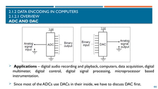 44
2.1.2 DATA ENCODING IN COMPUTERS
2.1.2.1 OVERVIEW
ADC AND DAC
 Applications – digital audio recording and playback, computers, data acquisition, digital
multimeter, digital control, digital signal processing, microprocessor based
instrumentation.
 Since most of the ADCs use DACs in their inside, we have to discuss DAC first.
 