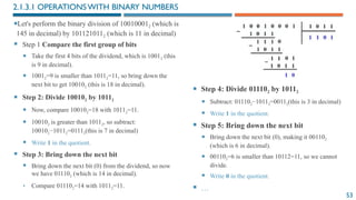 53
2.1.3.1 OPERATIONSWITH BINARY NUMBERS
Let's perform the binary division of 100100012 (which is
145 in decimal) by 1011210112​(which is 11 in decimal)
 Step 1 Compare the first group of bits
 Take the first 4 bits of the dividend, which is 10012​(this
is 9 in decimal).
 10012=9 is smaller than 10112=11, so bring down the
next bit to get 100102 (this is 18 in decimal).
 Step 2: Divide 100102 by 10112
 Now, compare 100102=18 with 10112=11.
 100102​is greater than 10112​
, so subtract:
100102−10112=01112(this is 7 in decimal)
 Write 1 in the quotient.
 Step 3: Bring down the next bit
 Bring down the next bit (0) from the dividend, so now
we have 011102​(which is 14 in decimal).
• Compare 011102=14 with 10112=11.
 Step 4: Divide 011102 by 10112
 Subtract: 011102−10112=00112(this is 3 in decimal)
 Write 1 in the quotient.
 Step 5: Bring down the next bit
 Bring down the next bit (0), making it 001102​
(which is 6 in decimal).
 001102=6 is smaller than 10112=11, so we cannot
divide.
 Write 0 in the quotient.
 …
 