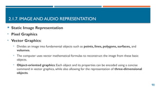 90
2.1.7. IMAGE AND AUDIO REPRESENTATION
 Static Image Representation
• Pixel Graphics
• Vector Graphics:
• Divides an image into fundamental objects such as points, lines, polygons, surfaces, and
volumes.
• The computer uses vector mathematical formulas to reconstruct the image from these basic
objects.
• Object-oriented graphics: Each object and its properties can be encoded using a concise
command in vector graphics, while also allowing for the representation of three-dimensional
objects.
 