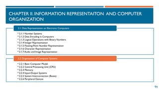 94
CHAPTER II. INFORMATION REPRESENTAITON AND COMPUTER
ORGANIZATION
• 2.1.1 Number Systems
• 2.1.2 Data Encoding in Computers
• 2.1.3 Logical Operations with Binary Numbers
• 2.1.4 Integer Representation
• 2.1.5 Floating-Point Number Representation
• 2.1.6 Character Representation
• 2.1.7 Audio and Image Representation
2.1. Data Representation on Electronic Computers
• 2.2.1 Basic Computer Model
• 2.2.2 Central Processing Unit (CPU)
• 2.2.3 Memory
• 2.2.4 Input-Output Systems
• 2.2.5 System Interconnection (Buses)
• 2.2.6 Peripheral Devices
2.2 Organization of Computer Systems
 