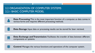 2.2 ORGANIZATION OF COMPUTER SYSTEMS
2.2.1 BASIC COMPUTER MODEL
97
Data Processing:This is the most important function of a computer, as data comes in
various forms and requires different processing methods.
Data Storage: Input data or processing results can be stored for later retrieval.
Data Exchange andTransmission: Facilitates the transfer of data between different
components or systems.
Control: Manages the various functions and operations of the computer system.
 