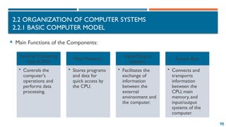 98
2.2 ORGANIZATION OF COMPUTER SYSTEMS
2.2.1 BASIC COMPUTER MODEL
 Main Functions of the Components:
Central Processing
Unit (CPU):
• Controls the
computer's
operations and
performs data
processing.
Main Memory:
• Stores programs
and data for
quick access by
the CPU.
Input/Output
System:
• Facilitates the
exchange of
information
between the
external
environment and
the computer.
System Bus:
• Connects and
transports
information
between the
CPU, main
memory, and
input/output
systems of the
computer.
 