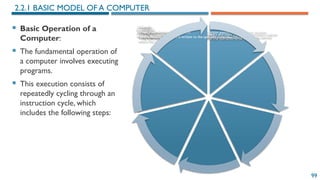  Basic Operation of a
Computer:
 The fundamental operation of
a computer involves executing
programs.
 This execution consists of
repeatedly cycling through an
instruction cycle, which
includes the following steps:
99
2.2.1 BASIC MODEL OF A COMPUTER
Fetch:
1.The CPU fetches the address from the instruction pointer to the memory location
containing the instruction to be received.
Load:
•The CPU retrieves the instruction from memory and loads it into the instruction register.
Increment:
•The instruction pointer is incremented to point to the next storage location.
Decode:
•The CPU decodes the instruction to determine the operation to be performed.
Addressing:
•If the instruction requires data from memory or I/O ports, the CPU identifies the address
where the data is stored.
Load Data:
•The CPU loads the necessary data into its registers.
Execute:
•The CPU executes the instruction
•Store Result:The result is written to the specified location.
 