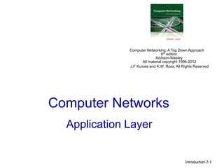 Computer Networks
Application Layer
Introduction 2-1
Computer Networking: A Top Down Approach
6th edition
Addison-Wesley
All material copyright 1996-2012
J.F Kurose and K.W. Ross, All Rights Reserved
 