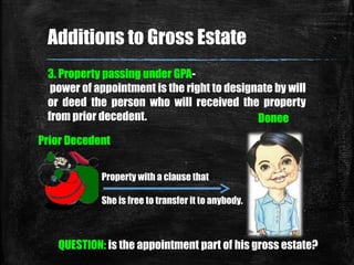 3. Property passing under GPA-
power of appointment is the right to designate by will
or deed the person who will received the property
from prior decedent.
Property with a clause that
She is free to transfer it to anybody.
QUESTION: is the appointment part of his gross estate?
Additions to Gross Estate
Prior Decedent
Donee
 