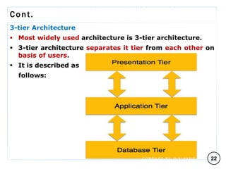 Cont.
3-tier Architecture
 Most widely used architecture is 3-tier architecture.
 3-tier architecture separates it tier from each other on
basis of users.
 It is described as
follows:
22
C O M P I L E D B Y : G / S L A S S I E E .
 