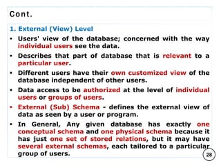 Cont.
1. External (View) Level
 Users' view of the database; concerned with the way
individual users see the data.
 Describes that part of database that is relevant to a
particular user.
 Different users have their own customized view of the
database independent of other users.
 Data access to be authorized at the level of individual
users or groups of users.
 External (Sub) Schema - defines the external view of
data as seen by a user or program.
 In General, Any given database has exactly one
conceptual schema and one physical schema because it
has just one set of stored relations, but it may have
several external schemas, each tailored to a particular
group of users. 28
C O M P I L E D B Y : G / S L A S S I E E .
 