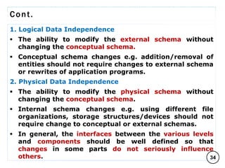 Cont.
1. Logical Data Independence
 The ability to modify the external schema without
changing the conceptual schema.
 Conceptual schema changes e.g. addition/removal of
entities should not require changes to external schema
or rewrites of application programs.
2. Physical Data Independence
 The ability to modify the physical schema without
changing the conceptual schema.
 Internal schema changes e.g. using different file
organizations, storage structures/devices should not
require change to conceptual or external schemas.
 In general, the interfaces between the various levels
and components should be well defined so that
changes in some parts do not seriously influence
others. 34
C O M P I L E D B Y : G / S L A S S I E E .
 