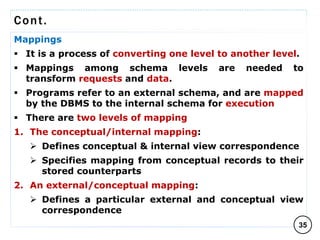 Cont.
Mappings
 It is a process of converting one level to another level.
 Mappings among schema levels are needed to
transform requests and data.
 Programs refer to an external schema, and are mapped
by the DBMS to the internal schema for execution
 There are two levels of mapping
1. The conceptual/internal mapping:
 Defines conceptual & internal view correspondence
 Specifies mapping from conceptual records to their
stored counterparts
2. An external/conceptual mapping:
 Defines a particular external and conceptual view
correspondence
35
C O M P I L E D B Y : G / S L A S S I E E .
 