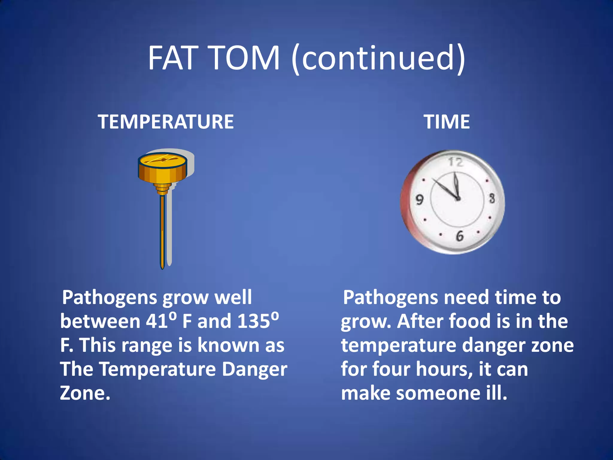 FAT TOM (continued)
    TEMPERATURE                      TIME




Pathogens grow well         Pathogens need time to
between 41⁰ F and 135⁰      grow. After food is in the
F. This range is known as   temperature danger zone
The Temperature Danger      for four hours, it can
Zone.                       make someone ill.
 