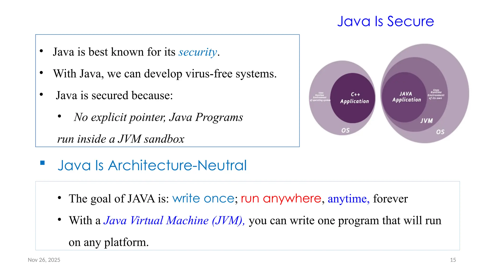 Nov 26, 2025 15
Java Is Secure
• Java is best known for its security.
• With Java, we can develop virus-free systems.
• Java is secured because:
• No explicit pointer, Java Programs
run inside a JVM sandbox
 Java Is Architecture-Neutral
• The goal of JAVA is: write once; run anywhere, anytime, forever
• With a Java Virtual Machine (JVM), you can write one program that will run
on any platform.
 