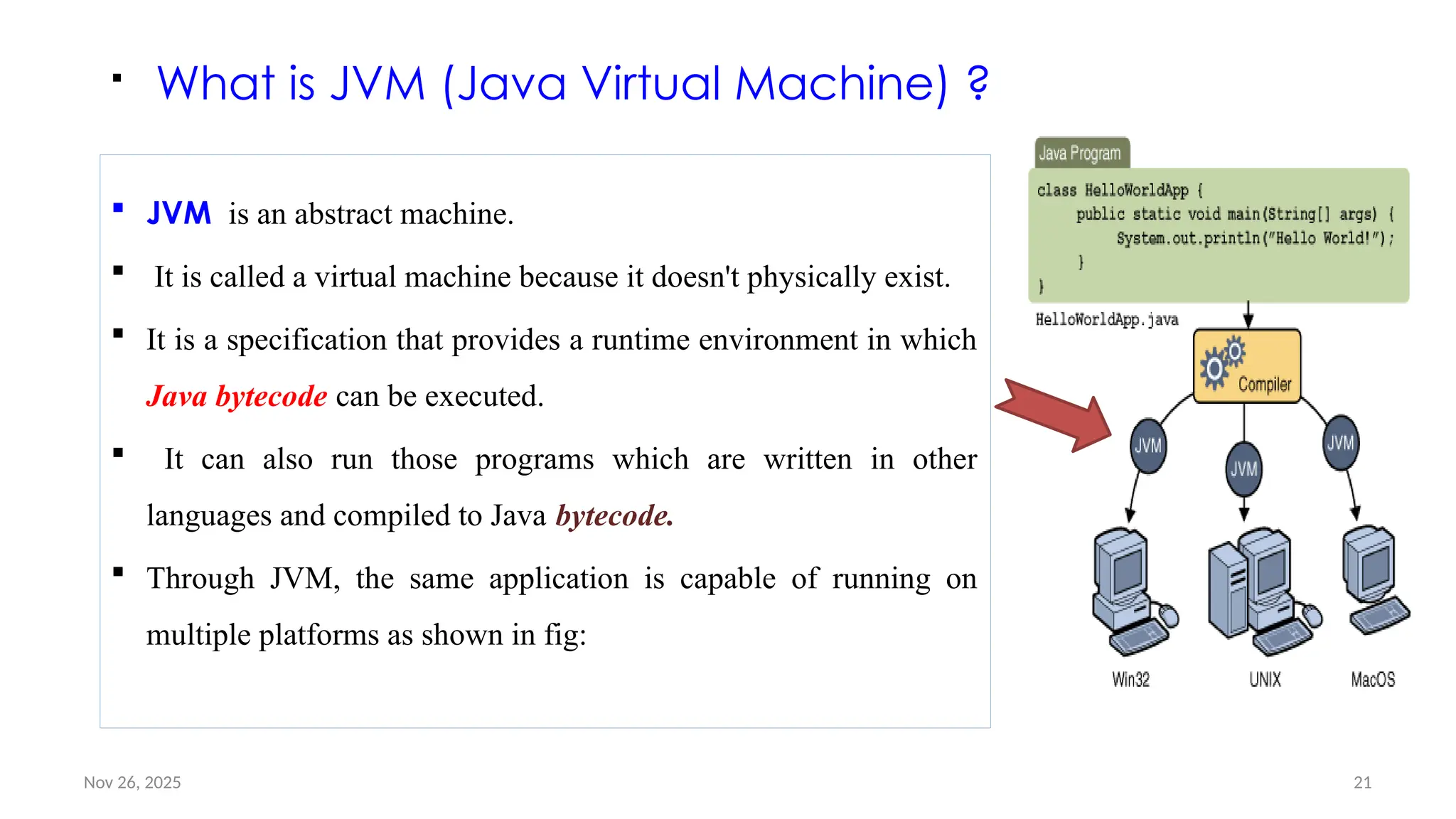 Nov 26, 2025 21
 What is JVM (Java Virtual Machine) ?
 JVM is an abstract machine.
 It is called a virtual machine because it doesn't physically exist.
 It is a specification that provides a runtime environment in which
Java bytecode can be executed.
 It can also run those programs which are written in other
languages and compiled to Java bytecode.
 Through JVM, the same application is capable of running on
multiple platforms as shown in fig:
 