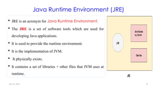 Nov 26, 2025 24
Java Runtime Environment (JRE)
 JRE is an acronym for Java Runtime Environment.
 The JRE is a set of software tools which are used for
developing Java applications.
 It is used to provide the runtime environment.
 It is the implementation of JVM.
 It physically exists.
 It contains a set of libraries + other files that JVM uses at
runtime.
 