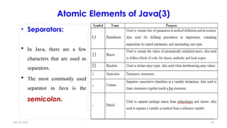 Nov 26, 2025 44
Atomic Elements of Java(3)
• Separators:
 In Java, there are a few
characters that are used as
separators.
 The most commonly used
separator in Java is the
semicolon.
 