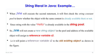 Nov 26, 2025 81
String literal in Java: Example…
 When JVM will execute the second statement, it will first check the string constant
pool to know whether the object with the same content is already available there or not.
 Since string with the value "Hello" is already available in the string pool.
 So, JVM will not create a new string object in the pool and address of the available
object will assign to reference variable s2.
 i.e it will point a reference variable s2 to the old existing object as shown in
the figure.
 