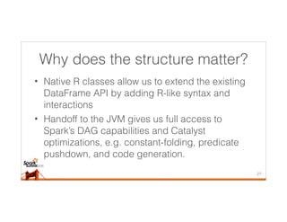 Why does the structure matter?
• Native R classes allow us to extend the existing
DataFrame API by adding R-like syntax and
interactions
• Handoff to the JVM gives us full access to
Spark’s DAG capabilities and Catalyst
optimizations, e.g. constant-folding, predicate
pushdown, and code generation.
27
 