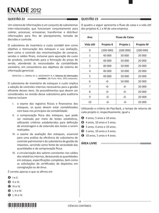 QUESTÃO 22	

QUESTÃO 23	

Um sistema de informações é um conjunto de subsistemas
inter-relacionados que funcionam conjuntamente para
coletar, processar, armazenar, transformar e distribuir
informações para fins de planejamento, tomada de
decisões e controle.

O quadro a seguir apresenta o fluxo de caixa e a vida útil
dos projetos K, L e M de uma empresa.
Ano
Vida útil

(200 000)

(200 000)

(200 000)

40 000

50 000

20 000

40 000

50 000

20 000

3

40 000

50 000

20 000

4

40 000

50 000

20 000

5

40 000

50 000

20 000

6

-0-

50 000

20 000

7

-0-

-0-

20 000

8

-0-

-0-

20 000

9

 -0-

-0-

20 000

10

I.	 o exame dos registros físicos e financeiros dos
estoques, os quais devem estar contabilizados
com base nos princípios da contabilidade.
II.	 a comprovação física dos estoques, que pode
ser realizada por meio de testes estatísticos,
utilizando critérios estabelecidos para definição
de amostragem e de extensão dos testes a serem
realizados.
III.	 o exame da avaliação dos estoques, essencial
para uma análise da eficiência do subsistema de
controle patrimonial e do subsistema de gestão de
impostos, servindo como fonte de veracidade das
quantidades e de comprovação física.
IV.	 a circularização dos valores constantes nos saldos
dos relatórios internos, destacando as quantidades
em estoque, especificações completas, bem como
as solicitações de certificados de depósitos em
consignação ou de ônus.
É correto apenas o que se afirma em

Projeto M

2

O subsistema de inventário de estoques e custo implica
a adoção de controles internos necessários para a gestão
eficiente desses itens. Os procedimentos que devem ser
considerados na revisão desse subsistema pela auditoria
interna incluem

Projeto L

1

MOSCOVE, S.; SIMKIN, M. G.; BAGRANOFF, N. A. Sistemas de informações
contábeis. São Paulo: Atlas, 2002 (adaptada).

Projeto K

0

O subsistema de inventário e custo contábil tem como
objetivo a mensuração dos estoques e sua avaliação,
bem como o controle das movimentações de compras,
vendas e saldos finais, inclusive para apuração do custo
do produto, contribuindo para a formação do preço de
venda, atendendo às necessidades da contabilidade
societária, em consonância aos objetivos do sistema de
informação gerencial.

 -0-

 -0-

20 000

Utilizando o critério do Pay-Back, o tempo de retorno de
cada projeto é, respectivamente, igual a
A	 4 anos, 5 anos e 10 anos.
B	 4 anos, 10 anos e 5 anos.
C	 5 anos, 4 anos e 10 anos.
D	 5 anos, 10 anos e 4 anos.
E	 10 anos, 5 anos e 4 anos.

ÁREA LIVRE

A	 I e II.
B	 II e III.
C	 III e IV.
D	 I, II e IV.
E	 I, III e IV.

*A02201214*

Fluxo de Caixa

14
CIÊNCIAS CONTÁBEIS

 