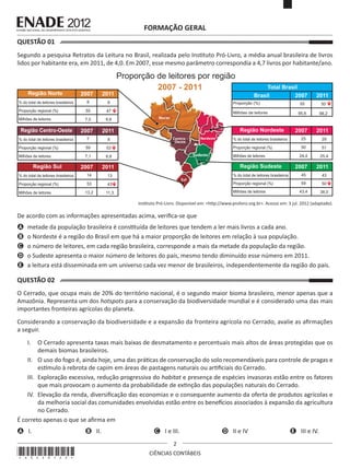 FORMAÇÃO GERAL
QUESTÃO 01	
Segundo a pesquisa Retratos da Leitura no Brasil, realizada pelo Instituto Pró-Livro, a média anual brasileira de livros
lidos por habitante era, em 2011, de 4,0. Em 2007, esse mesmo parâmetro correspondia a 4,7 livros por habitante/ano.

Proporção de leitores por região
2007 - 2011

Total Brasil

Região Norte

2007

2011

% do total de leitores brasileiros

8

8

Proporção (%)

Proporção regional (%)

55

47

Milhões de leitores

Milhões de leitores

7,5

6,6

2007

2011

Região Centro-Oeste

Brasil

Região Nordeste

2007

2011

55

50

95,6

88,2

2007

2011

% do total de leitores brasileiros

7

8

% do total de leitores brasileiros

25

29

Proporção regional (%)

59

53

Proporção regional (%)

50

51

Milhões de leitores

7,1

6,8

Milhões de leitores

24,4

25,4

2007

2011

2007

2011

Região Sul

Região Sudeste

% do total de leitores brasileiros

14

13

% do total de leitores brasileiros

45

43

Proporção regional (%)

53

43

Proporção regional (%)

59

50

13,2

11,3

43,4

38,0

Milhões de leitores

Milhões de leitores

Instituto Pró-Livro. Disponível em: <http://www.prolivro.org.br>. Acesso em: 3 jul. 2012 (adaptado).

De acordo com as informações apresentadas acima, verifica-se que
A	 metade da população brasileira é constituída de leitores que tendem a ler mais livros a cada ano.
B	 o Nordeste é a região do Brasil em que há a maior proporção de leitores em relação à sua população.
C	 o número de leitores, em cada região brasileira, corresponde a mais da metade da população da região.
D	 o Sudeste apresenta o maior número de leitores do país, mesmo tendo diminuído esse número em 2011.
E	 a leitura está disseminada em um universo cada vez menor de brasileiros, independentemente da região do país.

QUESTÃO 02	
O Cerrado, que ocupa mais de 20% do território nacional, é o segundo maior bioma brasileiro, menor apenas que a
Amazônia. Representa um dos hotspots para a conservação da biodiversidade mundial e é considerado uma das mais
importantes fronteiras agrícolas do planeta.
Considerando a conservação da biodiversidade e a expansão da fronteira agrícola no Cerrado, avalie as afirmações
a seguir.
I.	 O Cerrado apresenta taxas mais baixas de desmatamento e percentuais mais altos de áreas protegidas que os
demais biomas brasileiros.
II.	 O uso do fogo é, ainda hoje, uma das práticas de conservação do solo recomendáveis para controle de pragas e
estímulo à rebrota de capim em áreas de pastagens naturais ou artificiais do Cerrado.
III.	 Exploração excessiva, redução progressiva do habitat e presença de espécies invasoras estão entre os fatores
que mais provocam o aumento da probabilidade de extinção das populações naturais do Cerrado.
IV.	 Elevação da renda, diversificação das economias e o consequente aumento da oferta de produtos agrícolas e
da melhoria social das comunidades envolvidas estão entre os benefícios associados à expansão da agricultura
no Cerrado.
É correto apenas o que se afirma em
A I.	

*A0220122*

B II.	

C I e III.	
2
CIÊNCIAS CONTÁBEIS

D II e IV	

E III e IV.

 