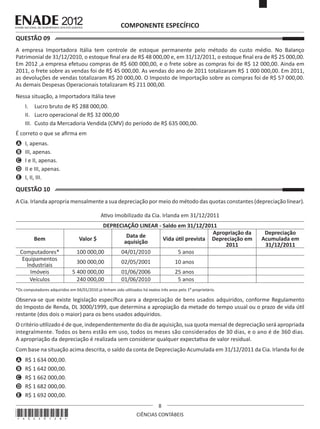 COMPONENTE ESPECÍFICO
QUESTÃO 09	
A empresa Importadora Itália tem controle de estoque permanente pelo método do custo médio. No Balanço
Patrimonial de 31/12/2010, o estoque final era de R$ 48 000,00 e, em 31/12/2011, o estoque final era de R$ 25 000,00.
Em 2012 ,a empresa efetuou compras de R$ 600 000,00, e o frete sobre as compras foi de R$ 12 000,00. Ainda em
2011, o frete sobre as vendas foi de R$ 45 000,00. As vendas do ano de 2011 totalizaram R$ 1 000 000,00. Em 2011,
as devoluções de vendas totalizaram R$ 20 000,00. O Imposto de Importação sobre as compras foi de R$ 57 000,00.
As demais Despesas Operacionais totalizaram R$ 211 000,00.
Nessa situação, a Importadora Itália teve
I.	 Lucro bruto de R$ 288 000,00.
II.	 Lucro operacional de R$ 32 000,00
III.	 Custo da Mercadoria Vendida (CMV) do período de R$ 635 000,00.
É correto o que se afirma em
A	 I, apenas.
B	 III, apenas.
C	 I e II, apenas.
D	 II e III, apenas.
E	 I, II, III.

QUESTÃO 10	
A Cia. Irlanda apropria mensalmente a sua depreciação por meio do método das quotas constantes (depreciação linear).
Ativo Imobilizado da Cia. Irlanda em 31/12/2011

Bem
Computadores*
Equipamentos
Industriais
Imóveis
Veículos

Valor $

DEPRECIAÇÃO LINEAR - Saldo em 31/12/2011
Apropriação da
Data de
Vida útil prevista Depreciação em
aquisição
2011

100 000,00

04/01/2010

5 anos

300 000,00

02/05/2001

10 anos

5 400 000,00
240 000,00

01/06/2006
01/06/2010

Depreciação
Acumulada em
31/12/2011

25 anos
5 anos

*Os computadores adquiridos em 04/01/2010 já tinham sido utilizados há exatos três anos pelo 1º proprietário.

Observa-se que existe legislação específica para a depreciação de bens usados adquiridos, conforme Regulamento
do Imposto de Renda, DL 3000/1999, que determina a apropiação da metade do tempo usual ou o prazo de vida útil
restante (dos dois o maior) para os bens usados adquiridos.
O critério utilizado é de que, independentemente do dia de aquisição, sua quota mensal de depreciação será apropriada
integralmente. Todos os bens estão em uso, todos os meses são considerados de 30 dias, e o ano é de 360 dias.
A apropriação da depreciação é realizada sem considerar qualquer expectativa de valor residual.
Com base na situação acima descrita, o saldo da conta de Depreciação Acumulada em 31/12/2011 da Cia. Irlanda foi de
A	 R$ 1 634 000,00.
B	 R$ 1 642 000,00.
C	 R$ 1 662 000,00.
D	 R$ 1 682 000,00.
E	 R$ 1 692 000,00.

*A0220128*

8
CIÊNCIAS CONTÁBEIS

 
