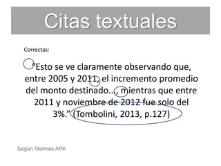 Citas textuales
Correctas:
“Esto se ve claramente observando que,
entre 2005 y 2011, el incremento promedio
del monto destinado..., mientras que entre
2011 y noviembre de 2012 fue solo del
3%.” (Tombolini, 2013, p.127)
Según Normas APA
 