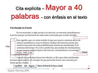 Cita explícita – Mayor a 40
palabras - con énfasis en el texto
Según Normas APA
 