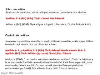 Libro con editor
En el caso de que el libro sea de múltiples autores es conveniente citar al editor.
Apellido, A. A. (Ed.). (Año). Título. Ciudad, País: Editorial.
Wilber, K. (Ed.). (1997). El paradigma holográfico. Barcelona, España: Editorial Kairós
Capítulo de un libro
Se referencia un capítulo de un libro cuando el libro es con editor, es decir, que el libro
consta de capítulos escritos por diferentes autores.
Apellido, A. A., y Apellido, B. B. (Año). Título del capítulo o la entrada. En A. A.
Apellido. (Ed.), Título del libro (pp. xx-xx). Ciudad, País: Editorial
Molina, V. (2008). “… es que los estudiantes no leen ni escriben”: El reto de la lectura y
la escritura en la Pontificia Universidad Javeriana de Cali. En H. Mondragón (Ed.), Leer,
comprender, debatir, escribir. Escritura de artículos científicos por profesores
universitarios (pp. 53-62). Cali, Valle del Cauca: Sello Editorial Javeriano.
Según Normas APA
 