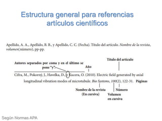 Estructura general para referencias
artículos científicos
Según Normas APA
 