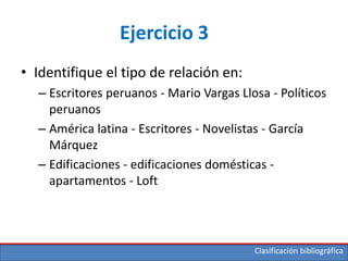 Clasificación bibliográfica
Ejercicio 3
• Identifique el tipo de relación en:
– Escritores peruanos - Mario Vargas Llosa - Políticos
peruanos
– América latina - Escritores - Novelistas - García
Márquez
– Edificaciones - edificaciones domésticas -
apartamentos - Loft
 