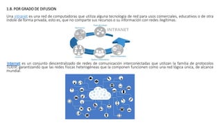 1.8. POR GRADO DE DIFUSION
Una intranet es una red de computadoras que utiliza alguna tecnología de red para usos comerciales, educativos o de otra
índole de forma privada, esto es, que no comparte sus recursos o su información con redes ilegítimas.
Internet es un conjunto descentralizado de redes de comunicación interconectadas que utilizan la familia de protocolos
TCP/IP, garantizando que las redes físicas heterogéneas que la componen funcionen como una red lógica única, de alcance
mundial.
 