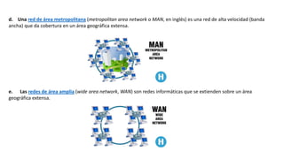 d. Una red de área metropolitana (metropolitan area network o MAN, en inglés) es una red de alta velocidad (banda
ancha) que da cobertura en un área geográfica extensa.
e. Las redes de área amplia (wide area network, WAN) son redes informáticas que se extienden sobre un área
geográfica extensa.
 