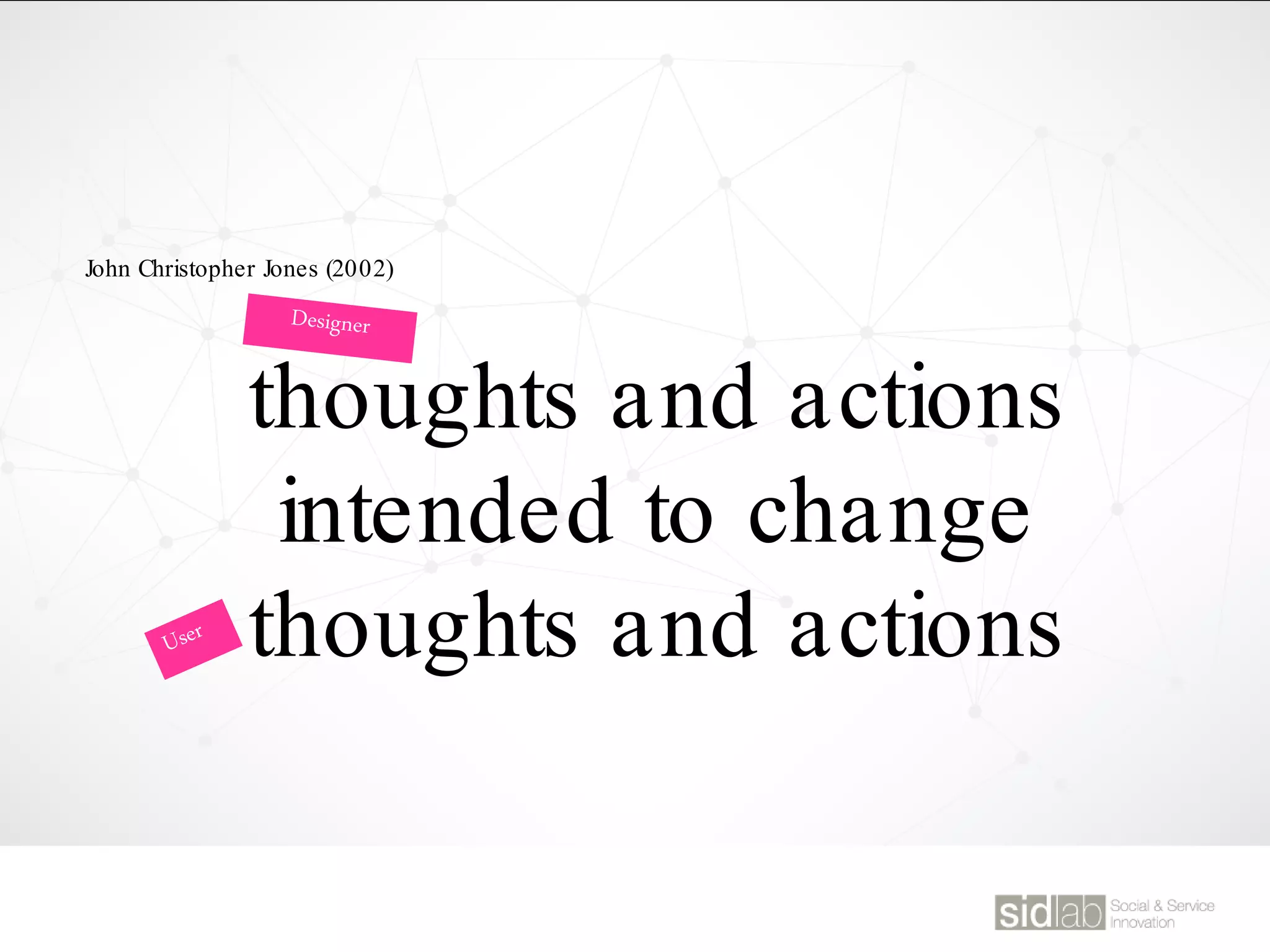 John Christopher Jones (2002)
thoughts and actions
intended to change
thoughts and actions
 