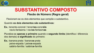 SUBSTANTIVO COMPOSTO
Flexão de Número (Regra geral)
Flexionam-se os dois elementos que compõe o substantivo.
Quando os dois elementos são substantivos:
Ex.: tenente-coronel / tenentes-coronéis
navio-fantasma / navios-fantasmas
Pluraliza-se apenas o primeiro quando o segundo limita (identifica / diferencia
dos demais) o significado do primeiro:
Ex.: banana-prata / bananas-prata
peixe-espada / peixes-espada
salário-família / salários-família
 