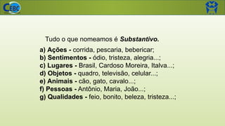 Tudo o que nomeamos é Substantivo.
a) Ações - corrida, pescaria, bebericar;
b) Sentimentos - ódio, tristeza, alegria...;
c) Lugares - Brasil, Cardoso Moreira, Italva...;
d) Objetos - quadro, televisão, celular...;
e) Animais - cão, gato, cavalo...;
f) Pessoas - Antônio, Maria, João...;
g) Qualidades - feio, bonito, beleza, tristeza...;
 