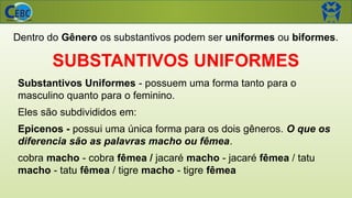 Dentro do Gênero os substantivos podem ser uniformes ou biformes.
SUBSTANTIVOS UNIFORMES
Substantivos Uniformes - possuem uma forma tanto para o
masculino quanto para o feminino.
Eles são subdivididos em:
Epicenos - possui uma única forma para os dois gêneros. O que os
diferencia são as palavras macho ou fêmea.
cobra macho - cobra fêmea / jacaré macho - jacaré fêmea / tatu
macho - tatu fêmea / tigre macho - tigre fêmea
 