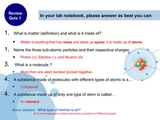 In your lab notebook, please answer as best you can:
1. What is matter (definition) and what is it made of?
• Matter is anything that has mass and takes up space; it is made up of atoms
1. Name the three sub-atomic particles and their respective charges.
• Proton (+), Electron (-), and Neutron (0)
3. What is a molecule ?
• More than one atom bonded (joined) together.
4. A substance made of molecules with different types of atoms is a...
• Compound
4. A substance made up of only one type of atom is called…
• An element
Bonus Question: What type of mixture is air?
Air is a homogeneous mixture (and also a solution) of different gasses.
Review
Quiz 1
 